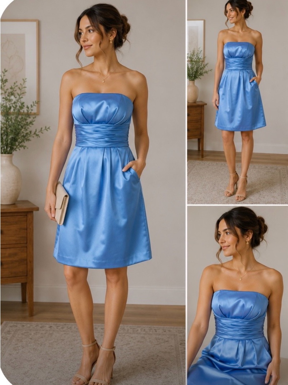 David’s Bridal Cornflower Blue Strapless Satin Dress Size 8 Bridesmaid Formal